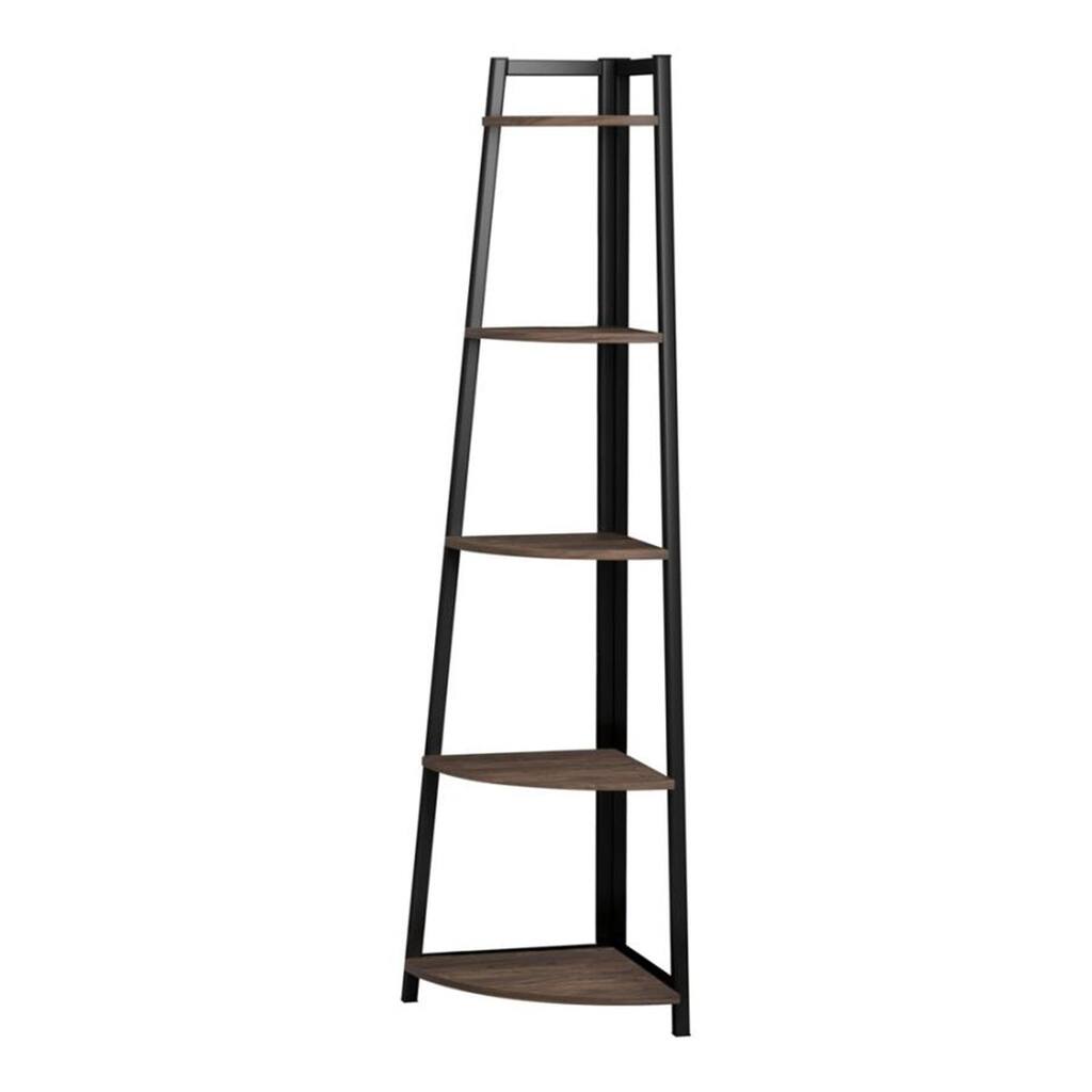 5 Tier Wooden Corner Bookcase with Metal Frame, Brown and Black - 63 H x 15.5 W x 15.5 L Inches