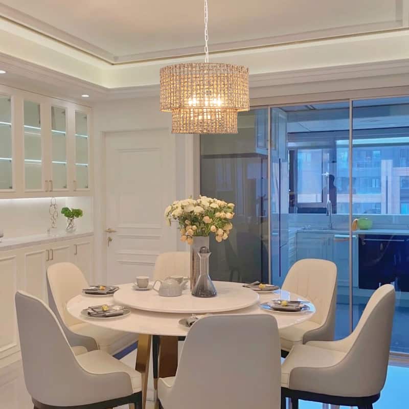 5-Light Metal 2-Tier Traditional Linear Drum Chandelier Pendant Light with Rattan Shade for Kitchen Island Dining Room