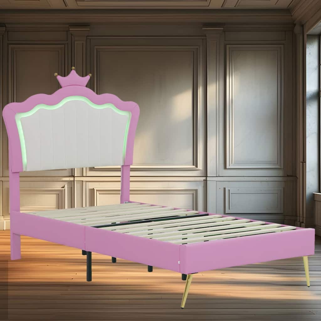 Twin Size Upholstered Bed Frame with Crown Headboard and LED Lights, Modern Princess Platform Bed