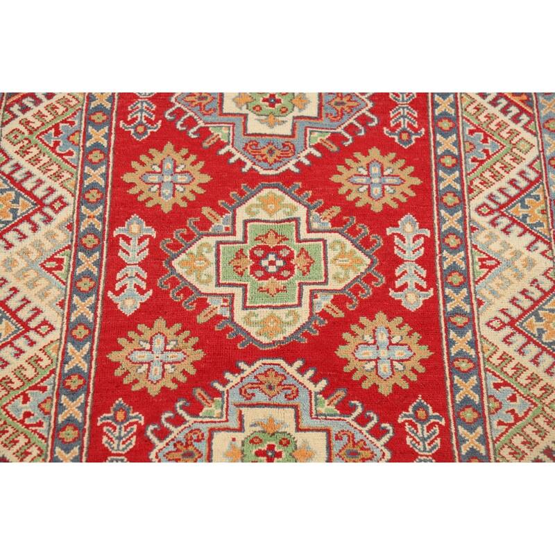 Geometric Red Kazak Oriental Accent Rug Handmade Wool Carpet - 3'4" x 5'1"