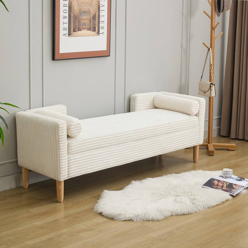 65.35" W Corduroy Storage Bench with Backrest, Armrests & 2 Bolster Pillows, Upholstered Bed End Bench for Entryway & Bedroom