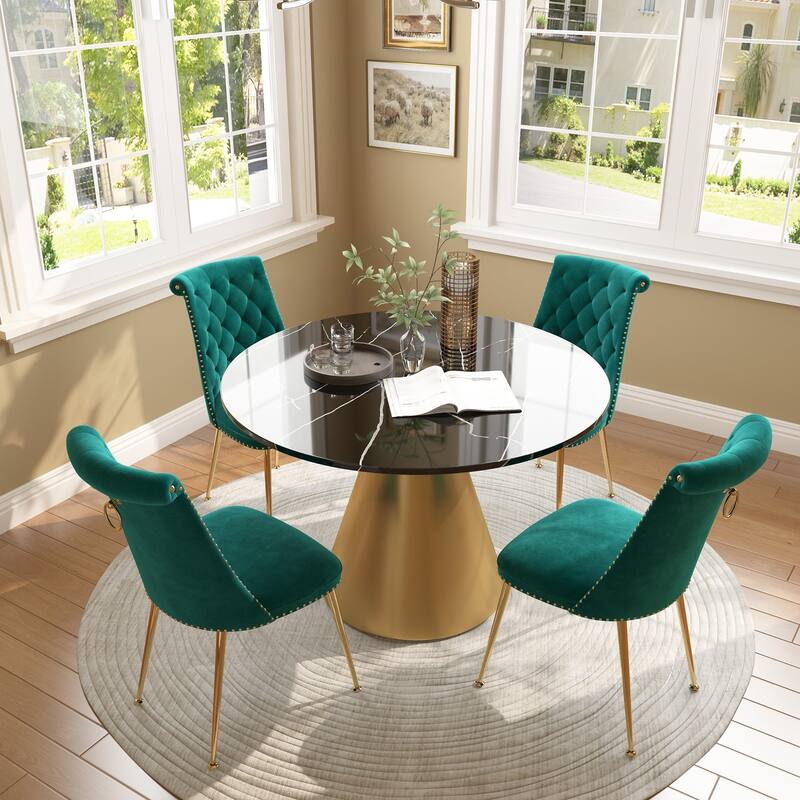 48" Marble Top Metal Dining Table with Velvet Dining Chair Set