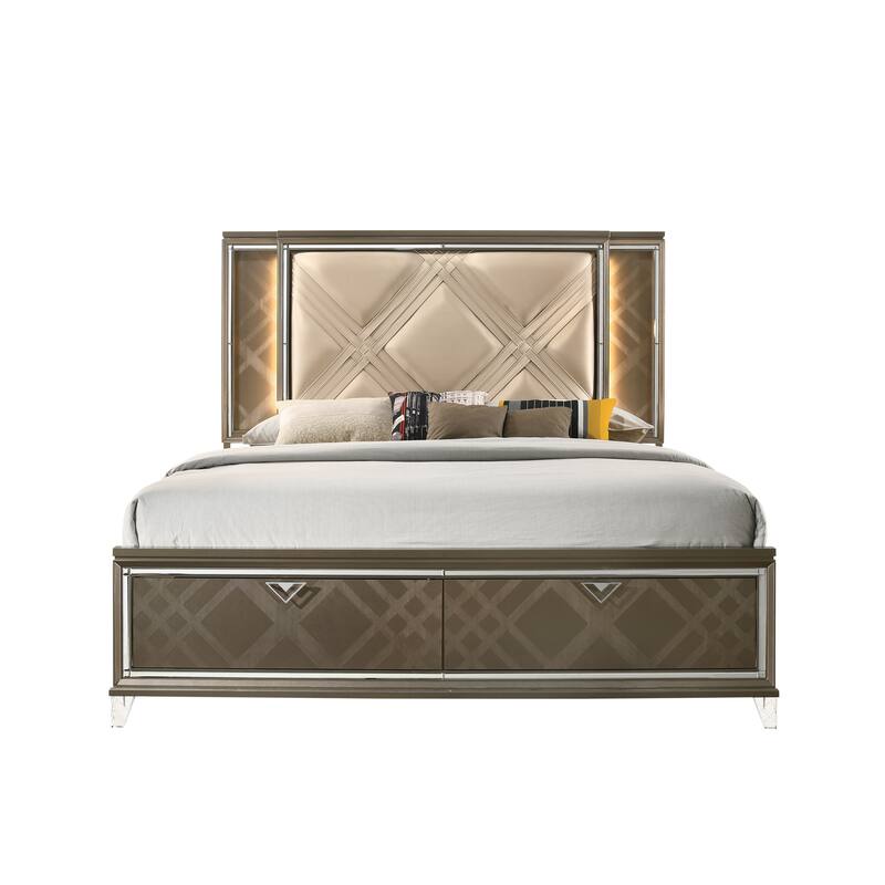 Full Size Modern Style Wood Platform Bed with Champagne Leatherette Geometric Padded Headboards and Touch Function LED Lighting