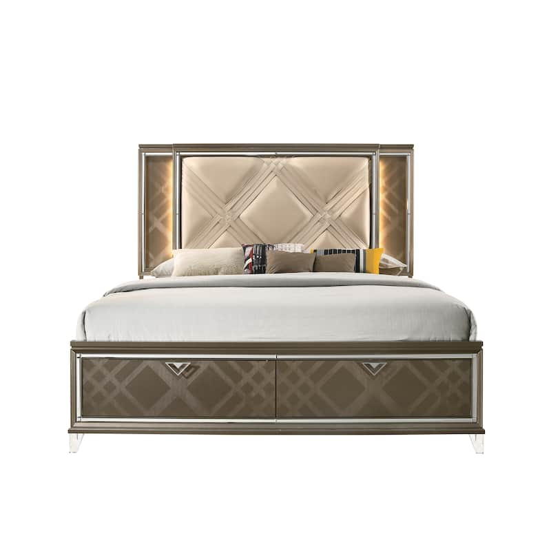 Modern Wood Bed with Champagne Leatherette Headboard and LED Lighting