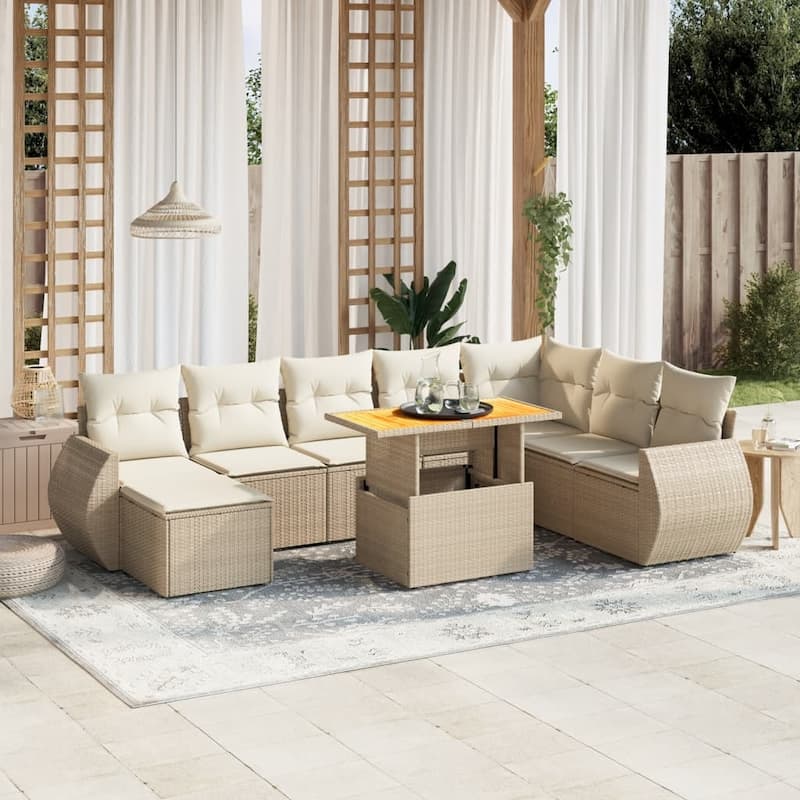 vidaXL Patio Sofa Set with Cushions Outdoor Furniture 9 Piece Poly Rattan - 21.7 x 24.4 x 27.2 - Beige and Cream-without storage