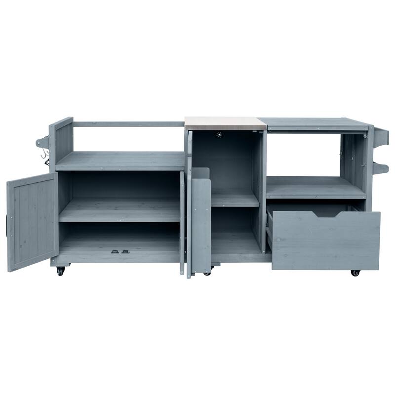 Solid Wood 80.5" Outdoor Kitchen Island for Big Green Egg& Blackstone Griddle, Grill Cart Table with Stainless Steel Top