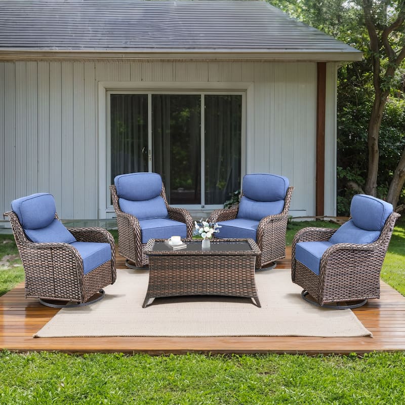 Gymojoy 5-Piece Patio Furniture Set with Swivel Glider Chairs, 6-Inch Ultra-Plush Cushions & Water-Resistant Olefin Fabric - Brown Wicker / Blue Cusion - 5-Piece