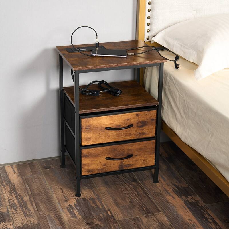 Homy Casa Industrial Nightstands Drawers, USB, Power Outlet Vintage