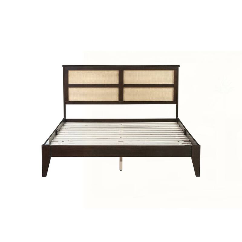 Solid Wooden Bed with Rattan Headboard