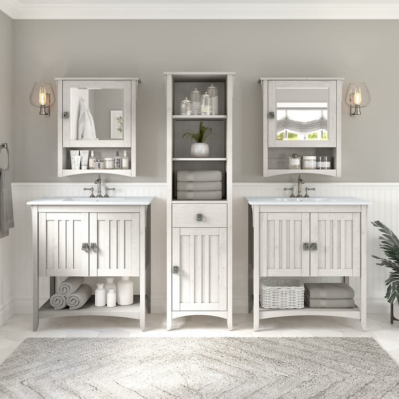 Salinas 64W Double Vanity Set with Sinks and Storage by Bush Furniture - Linen White Oak