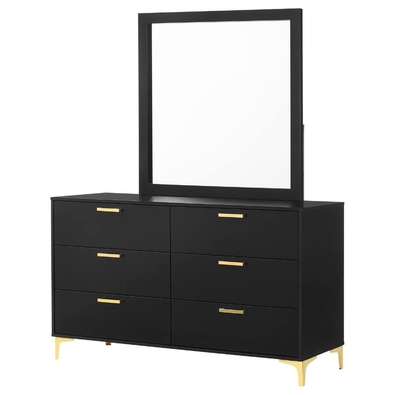 Dle Wide Dresser with Mirror, Gold Bracket Legs, Modern Black Finish