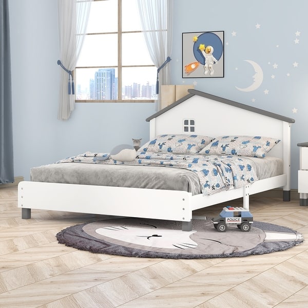 slide 2 of 8, Full Size Bed Frame with House Shape Headboard, Platform Bed Full, Modern Wood Double Bed Frames for Kids Boys Girls Teens,White White - Full