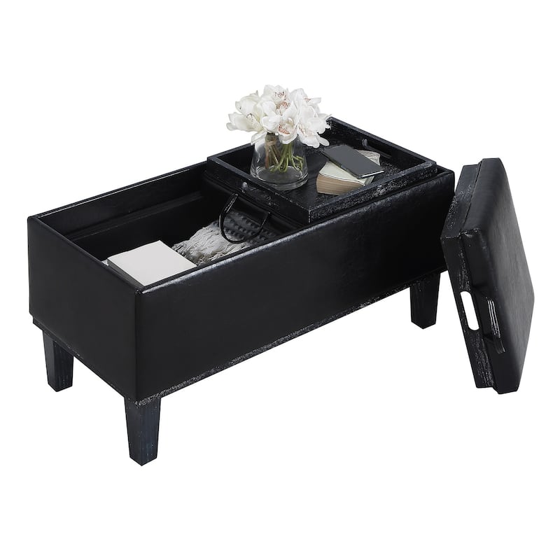 Upholstered Storage Ottoman with Dual Reversible Trays for Coffee Table, Seating and Storage in Small Spaces