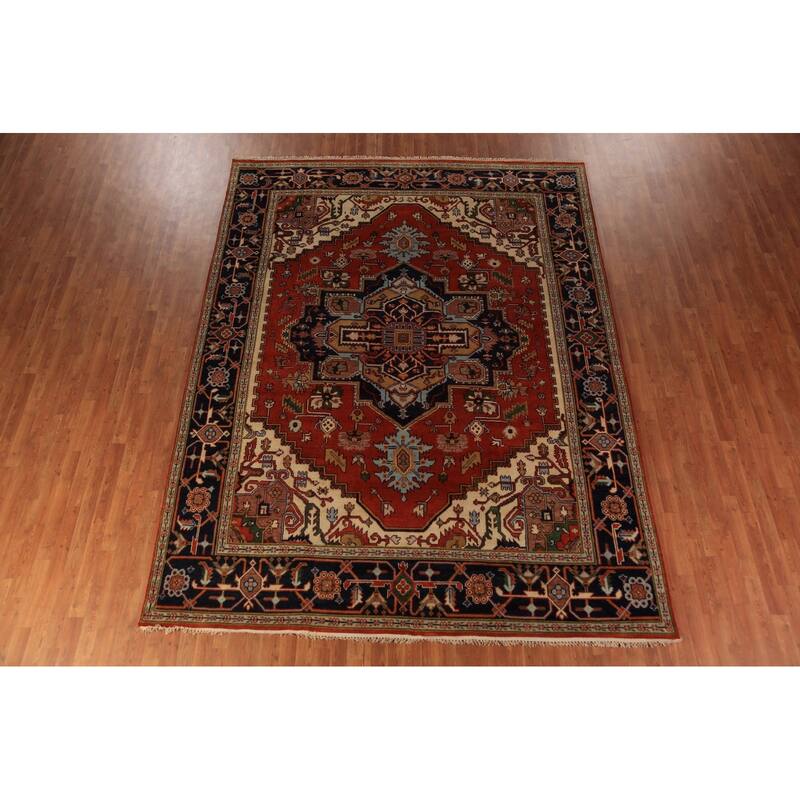 Orange Medallion Heriz Serapi Indian Area Rug Hand-Knotted Wool Carpet - 8'11"x 11'9"