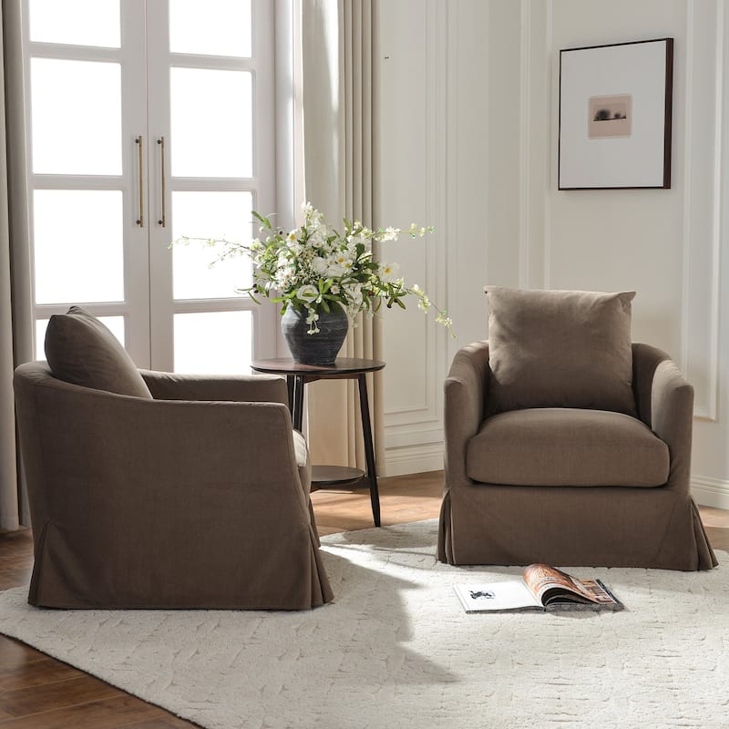 KINWELL 32" W Down Fill Upholstered Slipcovered Swivel Barrel Accent Armchair