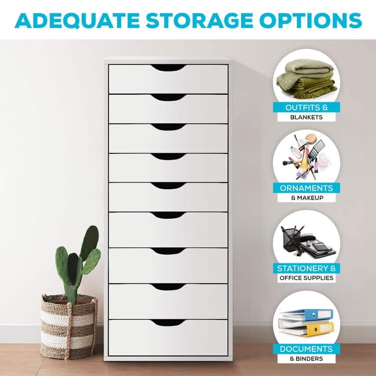 Narrow Wooden 9-Drawer Cabinet with Smooth-Glide Drawers, Top Storage Shelf, and Space-Saving Design