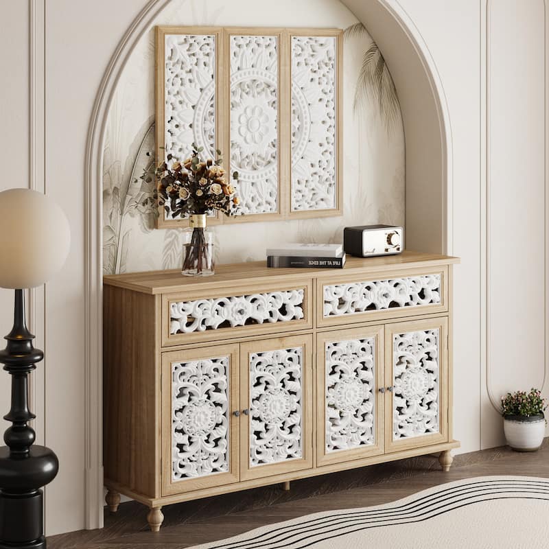 Booksheves Boho Entryway Display Cabinet w Wall Décor White Hollow Carved Panels Sideboard
