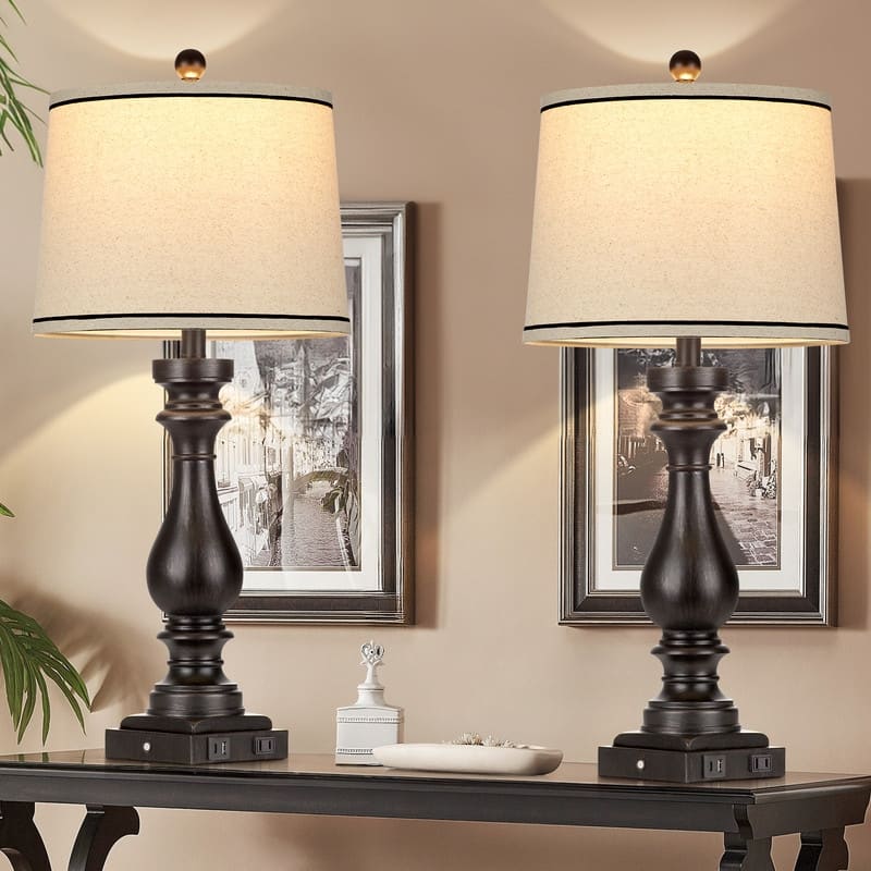 27.5'' Traditional USB Table Lamps with Type-C Port Bedside Lamps with 3-Way Dimmable Touch Control (Set of 2) - Black - 12.5'' x 12.5'' x 27.5''