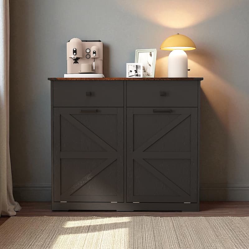 Farmhouse Double Tilt Out Trash Cabinet for Two 10 Gallon Bins, Barn Door Recycling Cabinet with Drawer Storage - Antique Black