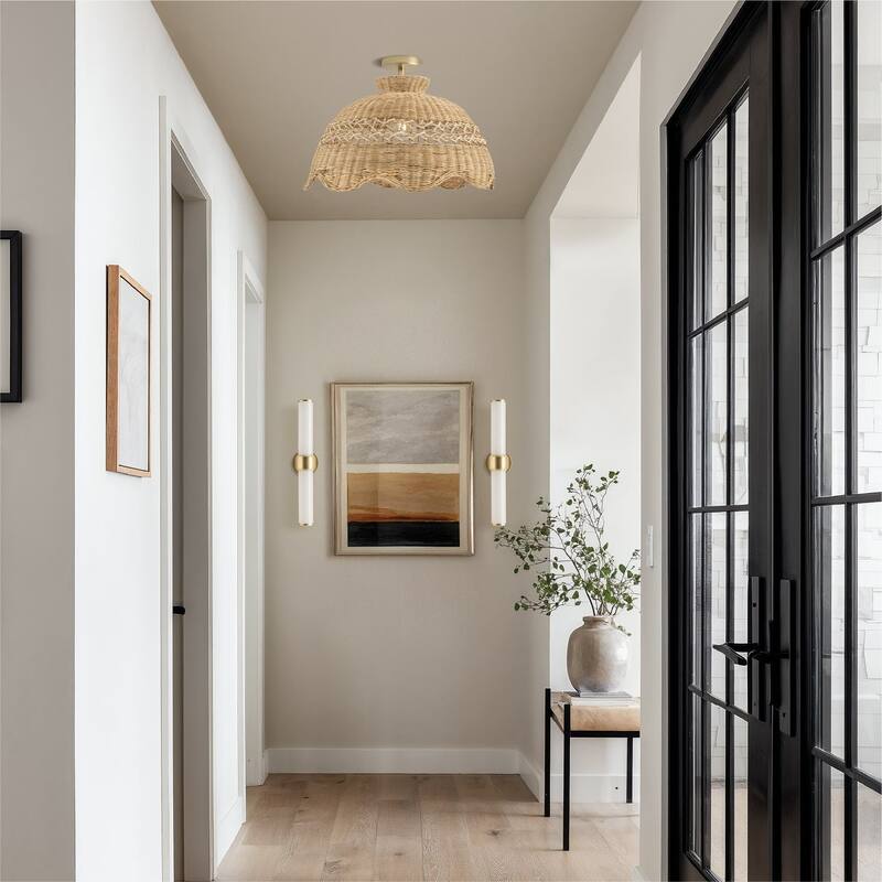 Le Perle Rattan Flush Mount Rattan Natural Handwoven Ceiling Light for Bedroom or Hallway in Farmhouse, Boho, Country Style