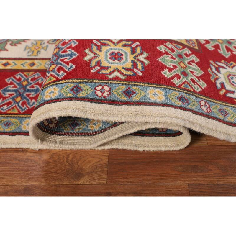 Geometric Ivory Kazak Oriental Area Rug Handmade Wool Carpet - 5'2" x 6'6"