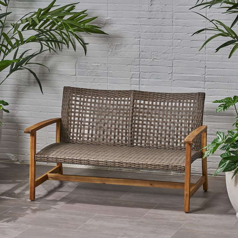 Outdoor Acacia Wood Loveseat Sofa Rattan Wicker 2 Seater Sofa Couch