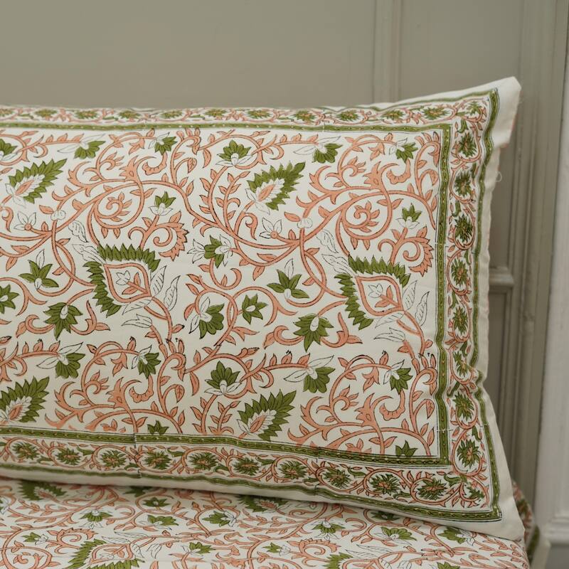 Fabdivine Handmade Block Print Flat Sheet or Bed Sheet Cotton Fabric Floral Home Decor - Hawamahal- Peach, Green - Queen