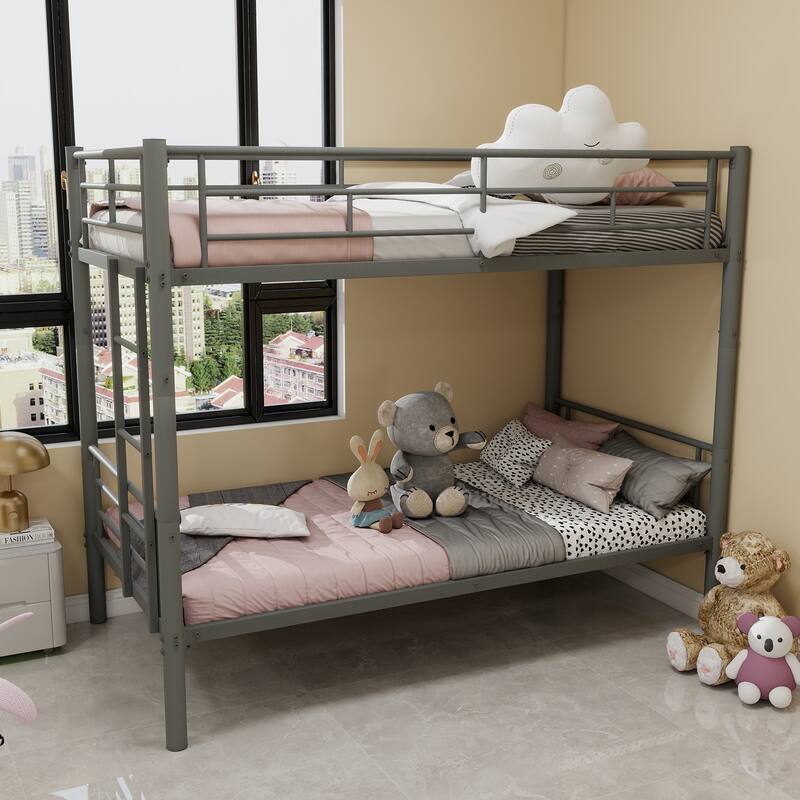 Twin Over Twin Metal Bunk Bed with Ladder and Guardrail, Convertible to 2 Separate Beds, No Box Spring Required
