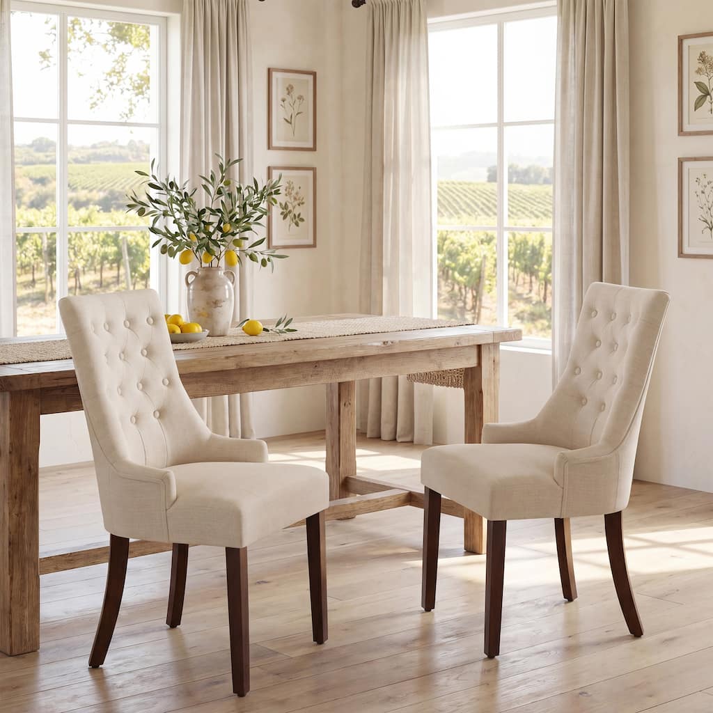 Wingback Upholstered Dining Chairs, Fabric Side with Tufted Button
