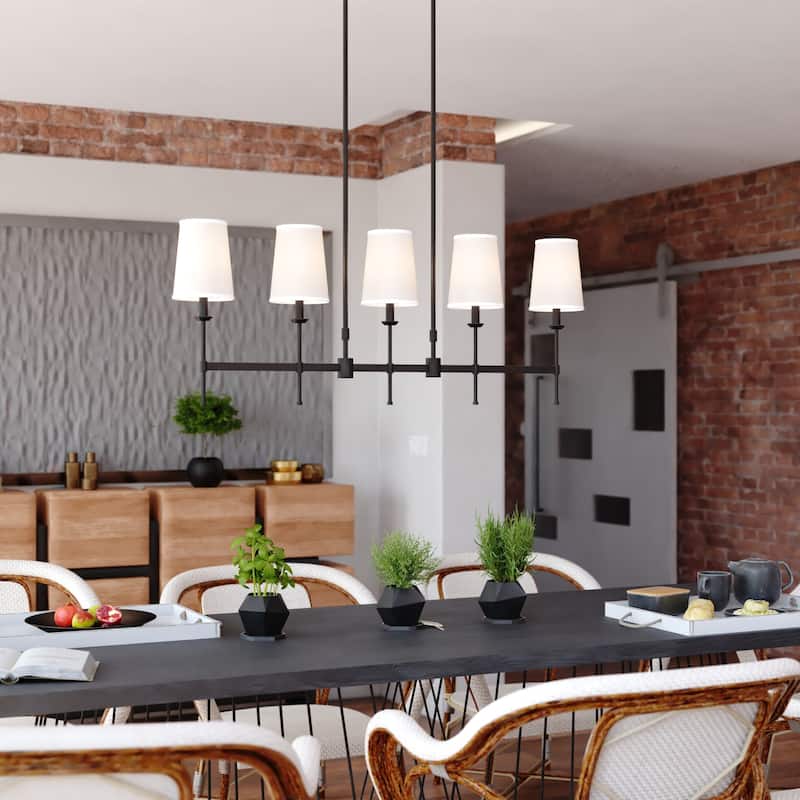 Camden 5 Light Matte Black Linear Chandelier Island Pendant Fixture White Fabric Shade, LED Compatible