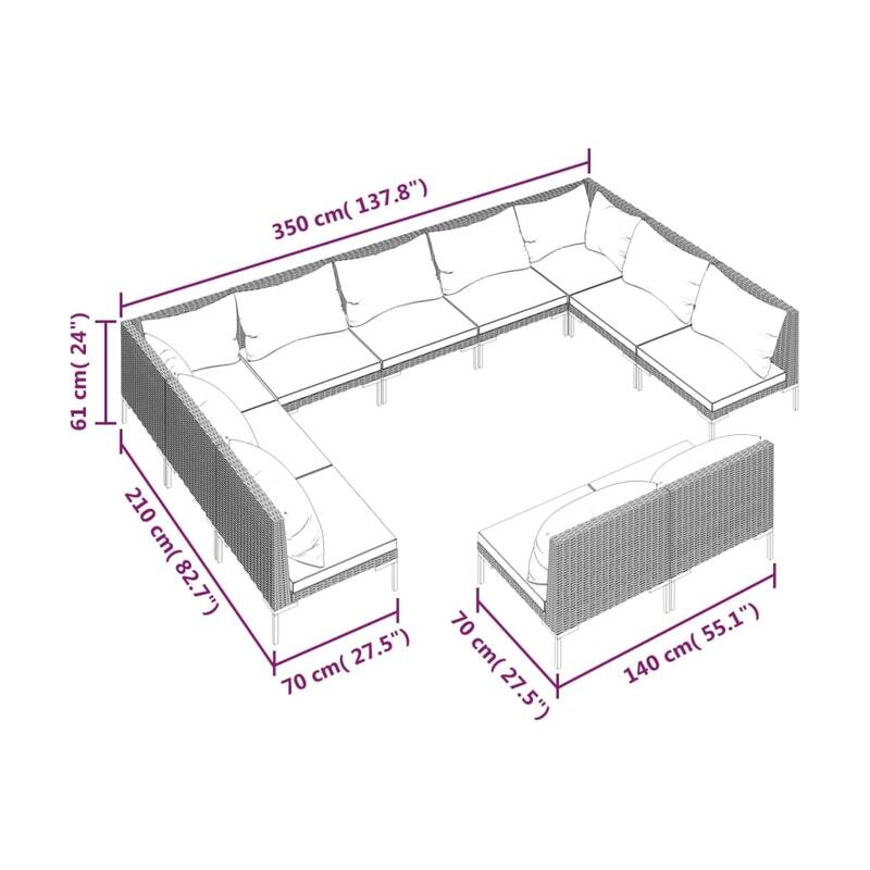 vidaXL Patio Lounge Set Outdoor Sectional Sofa Set Table Poly Rattan Dark Grey - 27.6" x 27.6" x 24"