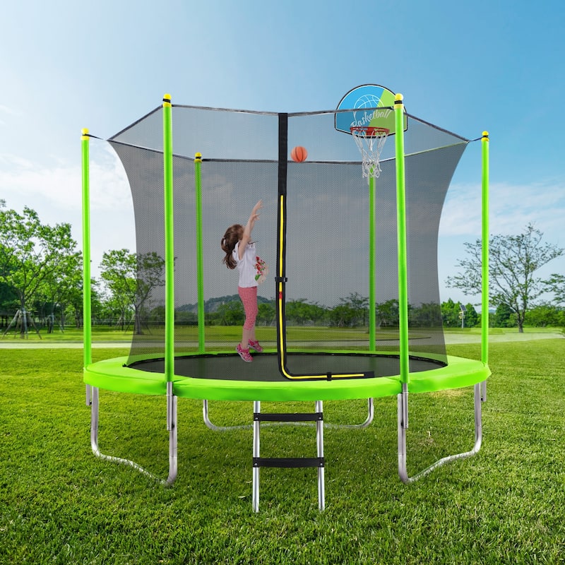 ASTM Approved Kids Trampoline - Basketball Hoop, Safety Enclosure, Fast Assembly - Green - 120