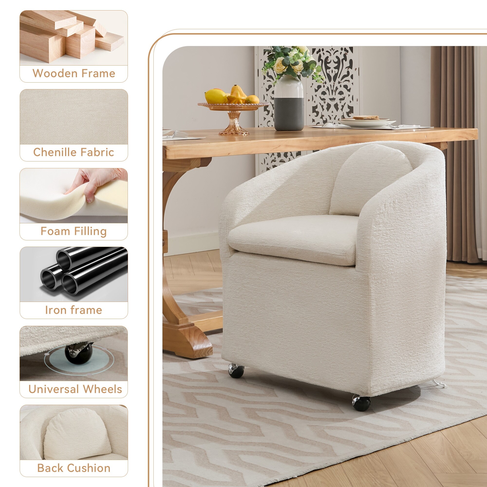 Chenille Fabric Dining Armchair With Back Cushion and Universal Wheels,Beige