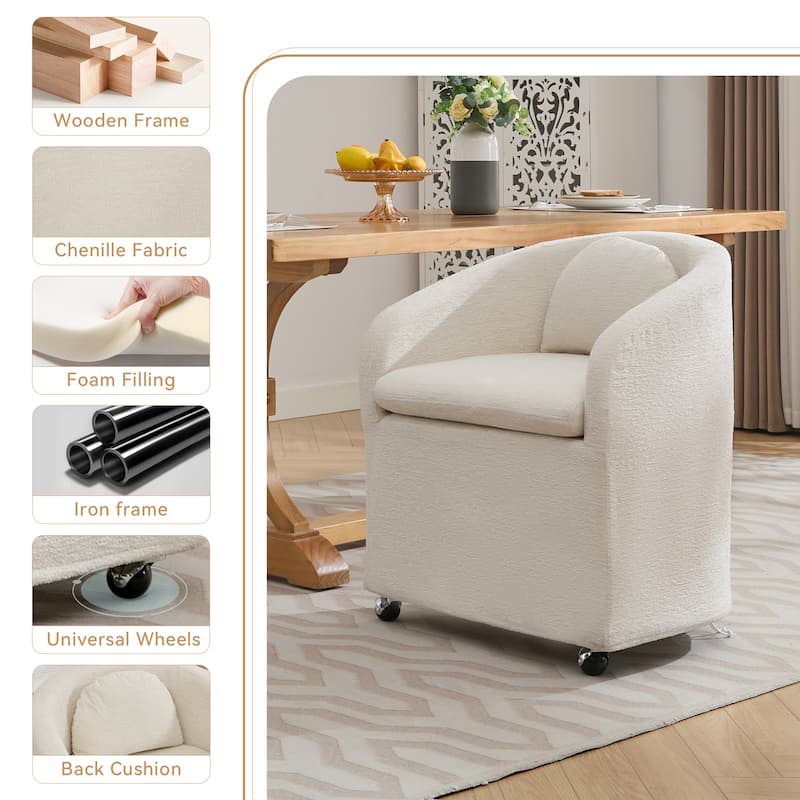 Set of 1 Chenille Fabric Dining Armchair With Back Cushion and Universal Wheels,Beige