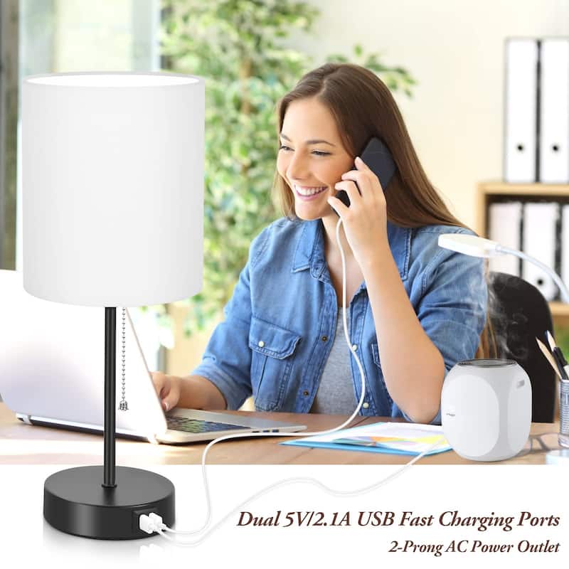 Table Lamps Set of 2 with USB Charging Ports, White Bedside Lamps with AC Outlet, Nightstand Lamps with Pull Chain Switch