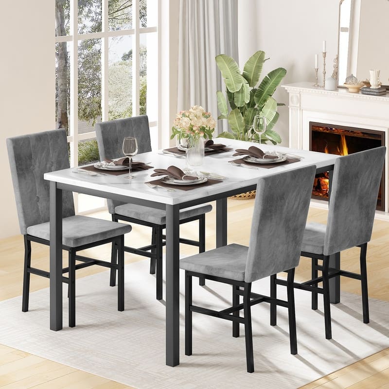 Grondin Modern Style 5 Pieces Dining Table Set For 4, Faux Marble Dining Room Table Set With 4 Upholstered Dining Chairs