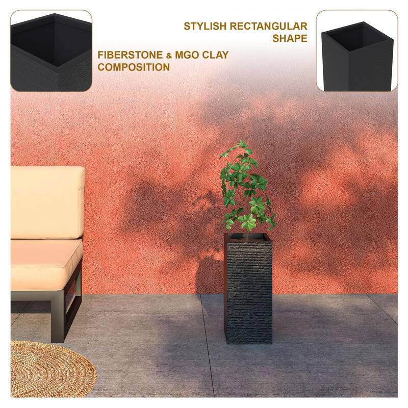 Basalt Modern Tall Square MGO Fiberstone Planter with Drainage, Weather-Resistant Indoor & Outdoor Patio Pot