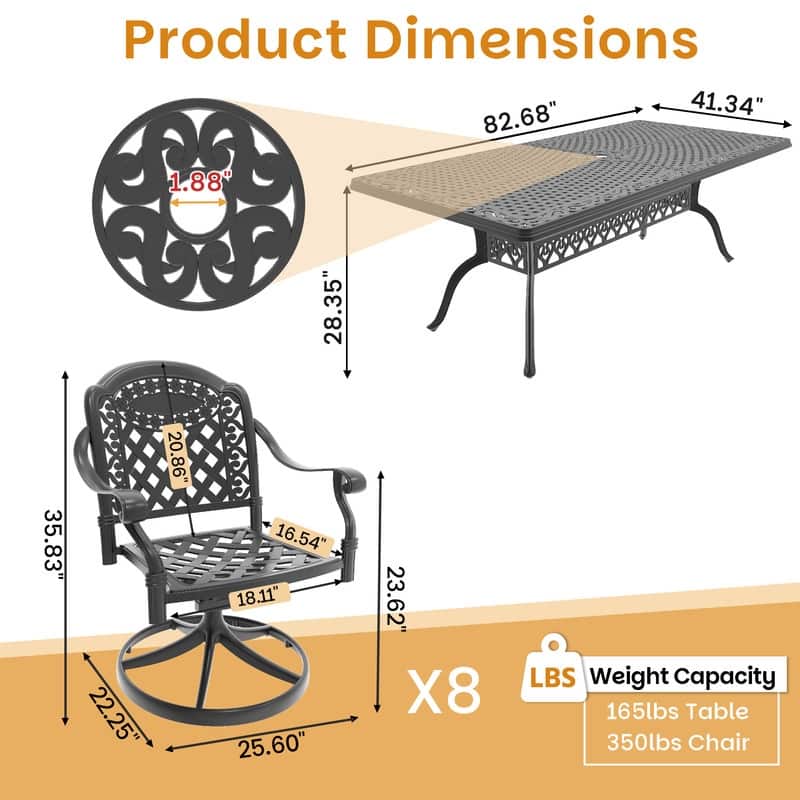 9-Piece Aluminum Rectangular Outdoor Patio Dining Set, 8 Cushioned Swivel Chairs, Table, All-Weather Frames
