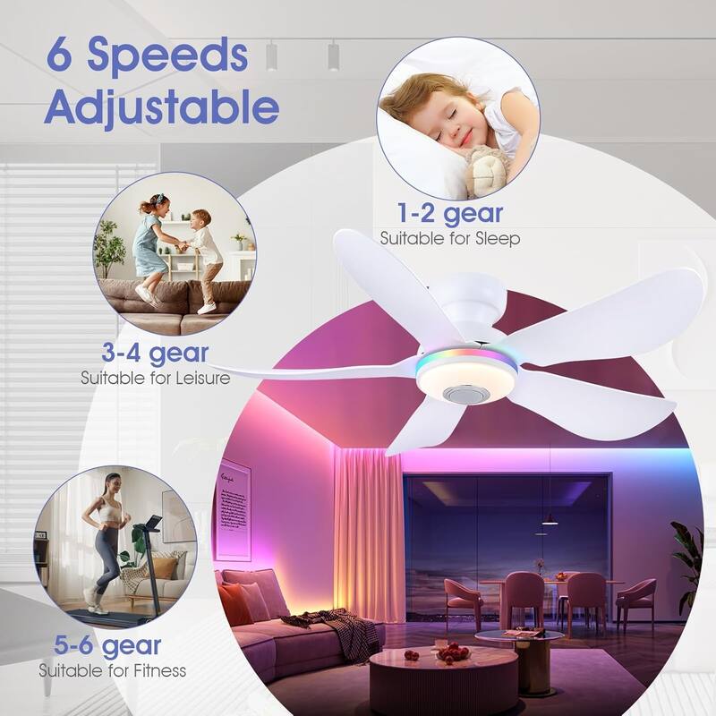 Kviflon 36/46 inches RGB Flush Mount Ceiling Fan with Light and Remote and Speaker