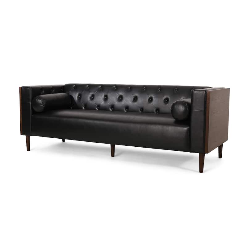 Black Faux Leather Button Tufted 3-seater Sofa with Birch Wood Legs