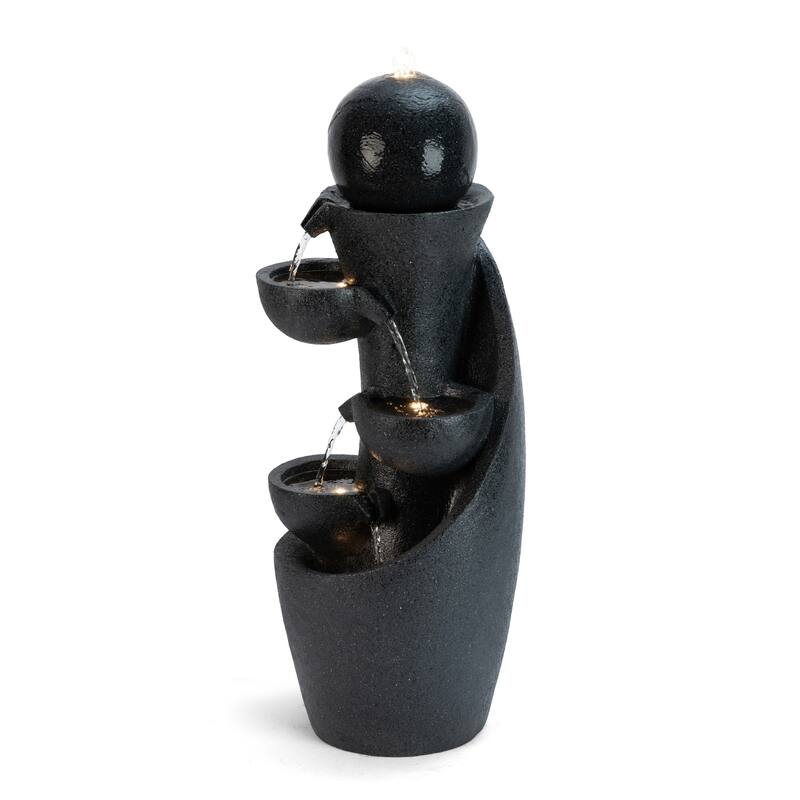 Glitzhome 33.5"H Modern 5-Tier Bowl and Sphere Polyresin Outdoor Fountain with Pump and LED Light
