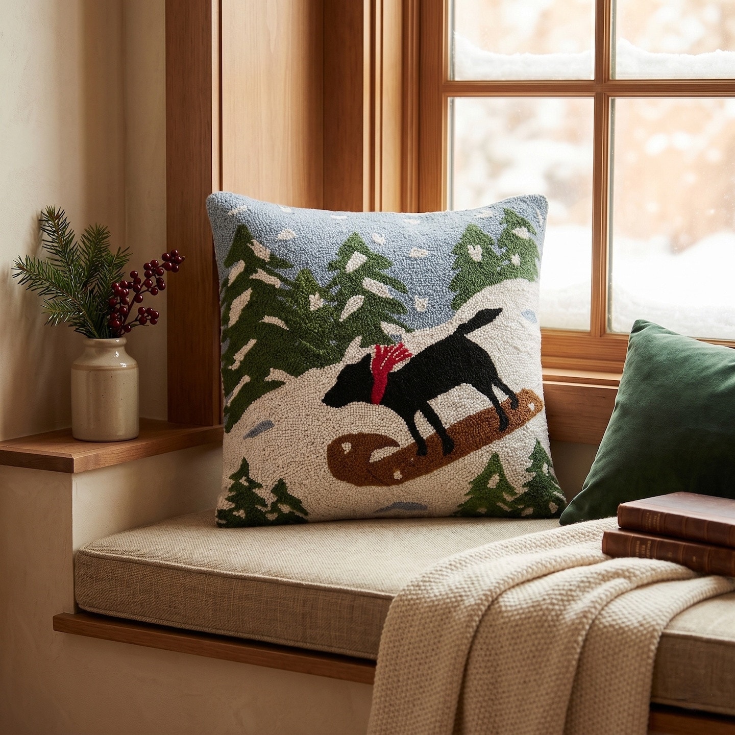 Black Lab on Sled Wool Hook Pillow by The Pillow Shoppe