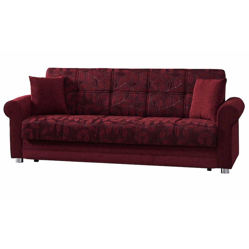 HomeRoots 89" Burgundy Chenille Convertible Futon Sleeper Sofa And Toss Pillows With Storage