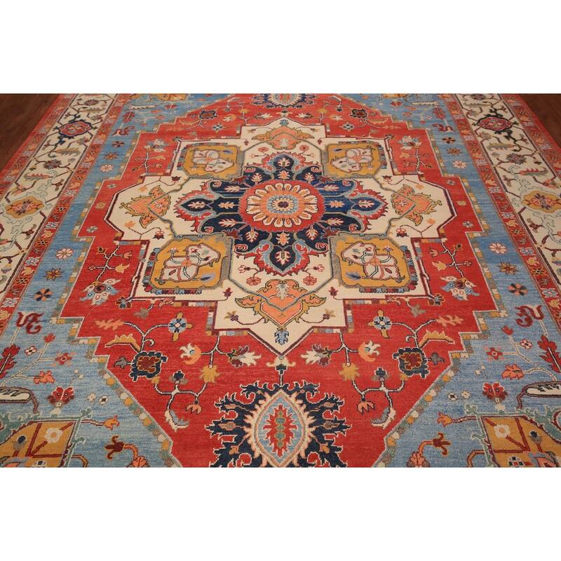 Vegetable Dye Heriz Serapi Area Rug Handmade Orange Wool Carpet - 9'2" x 11'10"