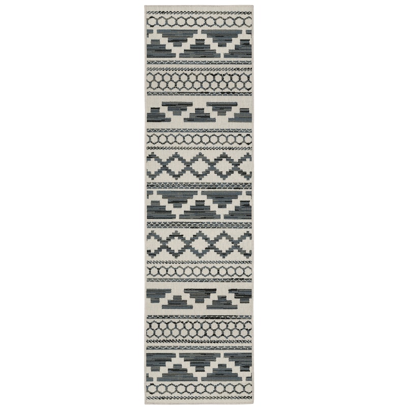 Vista Home Talcot Geometric Tribal Grey/ Teal Indoor-Outdoor Area Rug - 1'10" X 7'3"