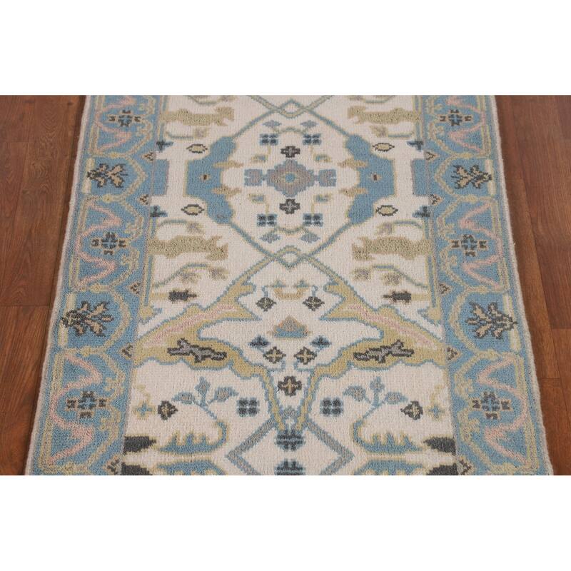 Ivory & Light Blue Oushak Oriental Runner Rug Hand-Knotted Wool Carpet - 2'7"x 7'9"