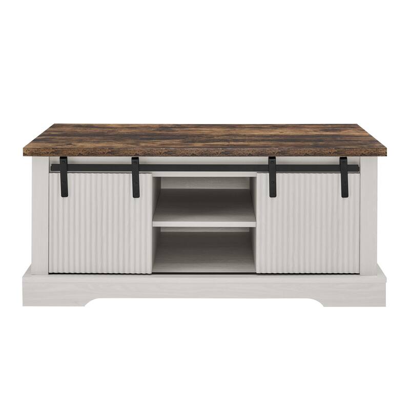 41.3" MDF Modern Coffee Table with Adjustable Shelf, Open Cubby, and Metal Mesh Accents