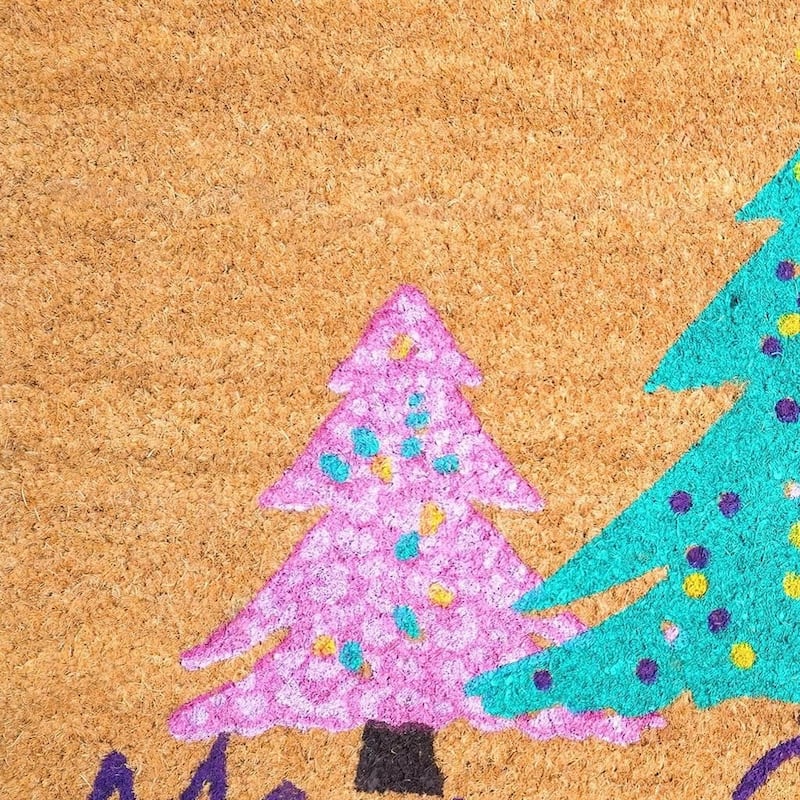 HomeRoots 17" X 29" Brown Green And Pink Christmas Trees Merry Christmas Outdoor Coir Door Mat - 17.00' X '29.00