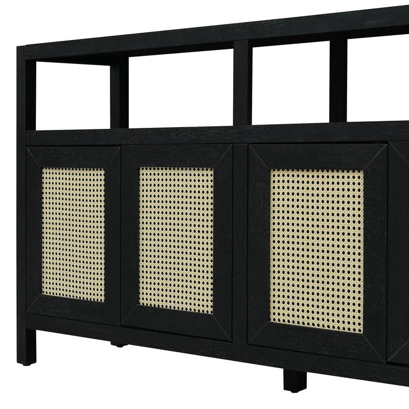 Rattan Buffet Storage Cabinet with Solid Wood Frame, Sideboard with 3-position Adjustable Shelves