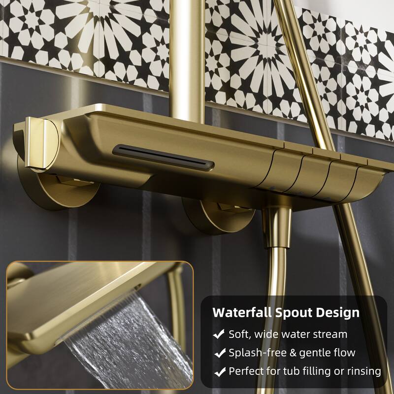Modland 3-Function 11" Rainfall Shower System, Adjustable Slide Bar, 1.59GPM, Brushed Gold/Chrome